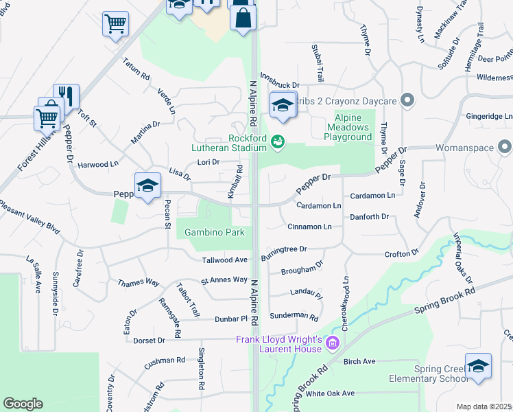 map of restaurants, bars, coffee shops, grocery stores, and more near N Alpine Rd & Pepper Dr in Rockford