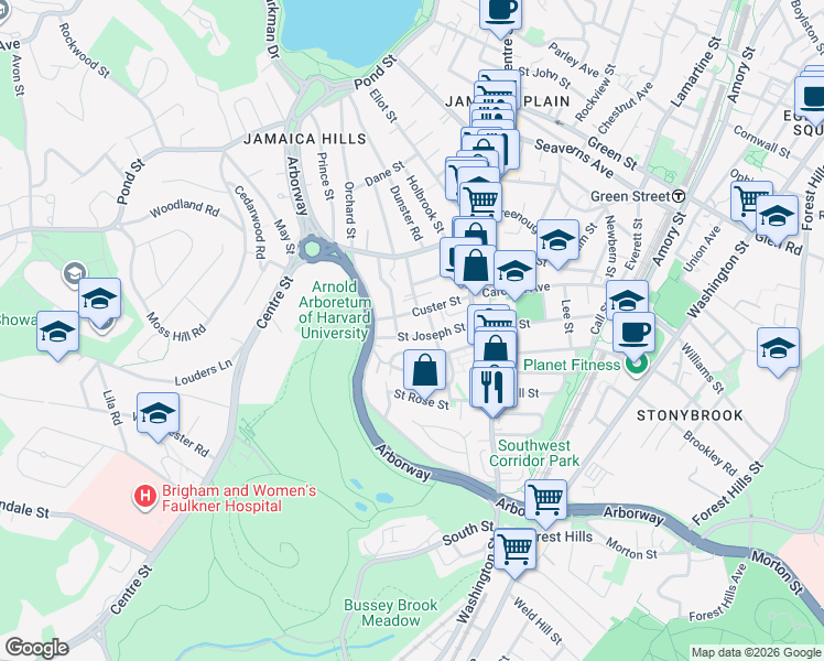 map of restaurants, bars, coffee shops, grocery stores, and more near 47-49 Saint Joseph Street in Boston