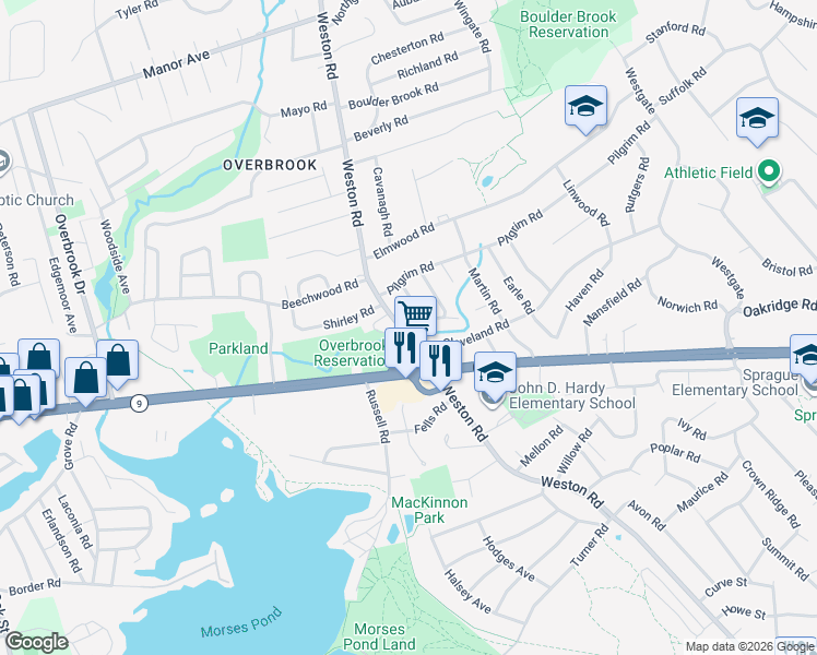 map of restaurants, bars, coffee shops, grocery stores, and more near 871R Worcester Street in Wellesley