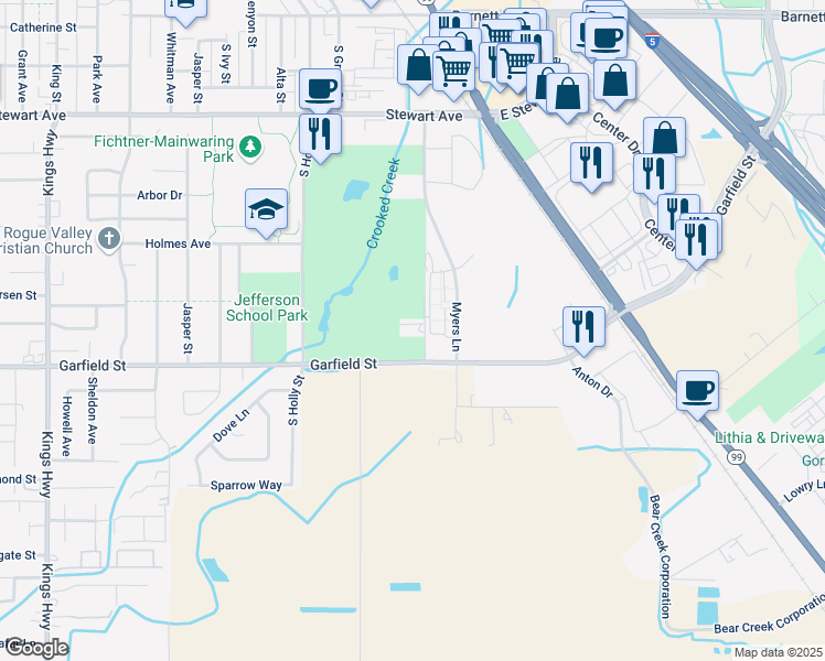 map of restaurants, bars, coffee shops, grocery stores, and more near 1626 Myers Lane in Medford