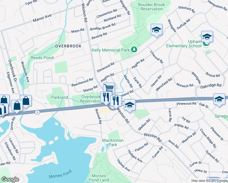 map of restaurants, bars, coffee shops, grocery stores, and more near 329 Weston Road in Wellesley