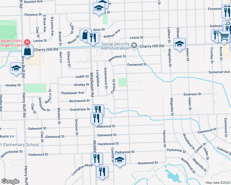 map of restaurants, bars, coffee shops, grocery stores, and more near 28960 Birchwood in Inkster