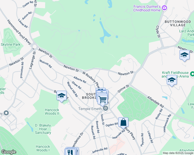 map of restaurants, bars, coffee shops, grocery stores, and more near 1075 West Roxbury Parkway in Brookline