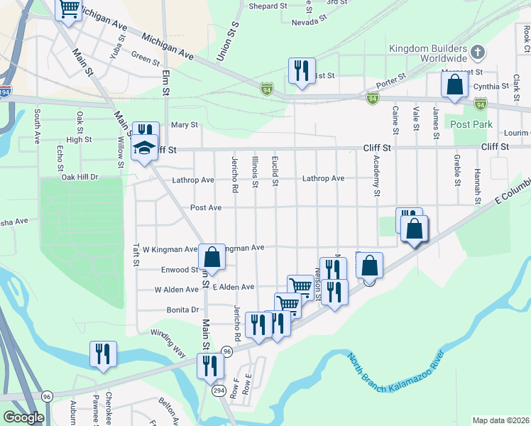 map of restaurants, bars, coffee shops, grocery stores, and more near 102 Euclid Street in Battle Creek