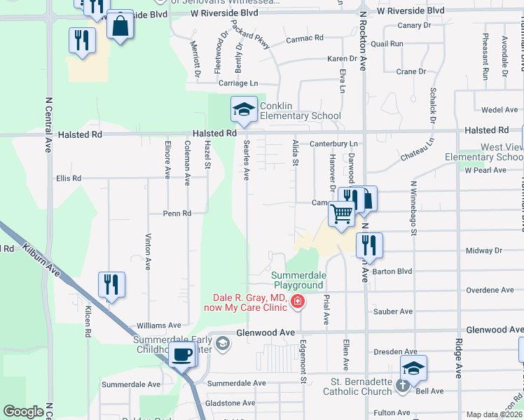 map of restaurants, bars, coffee shops, grocery stores, and more near 3011 Searles Avenue in Rockford