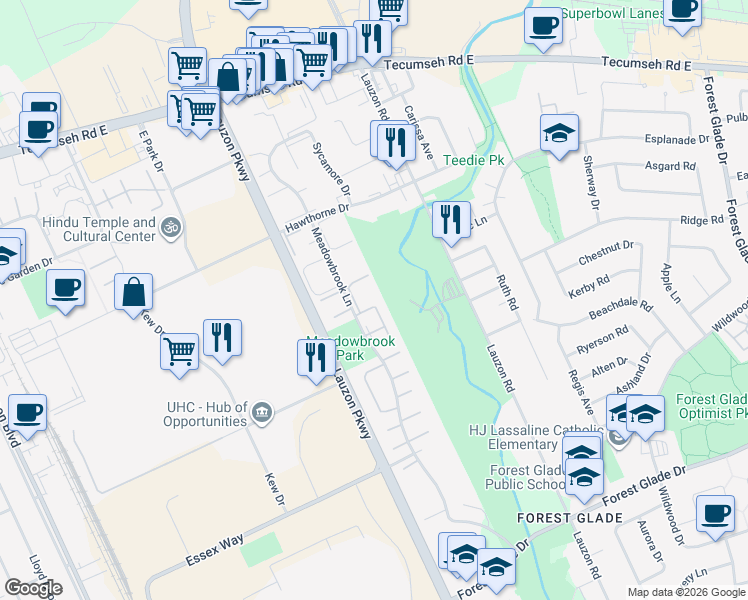 map of restaurants, bars, coffee shops, grocery stores, and more near 2798 Meadowbrook Lane in Windsor