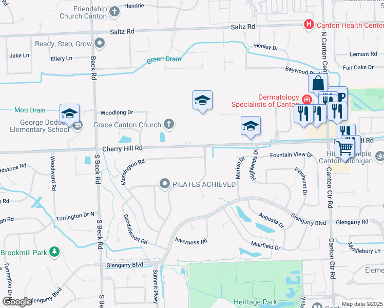 map of restaurants, bars, coffee shops, grocery stores, and more near 46473 Mornington Road in Canton