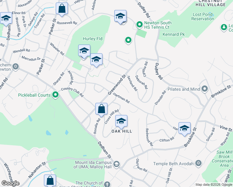 map of restaurants, bars, coffee shops, grocery stores, and more near 135 Rosalie Road in Newton