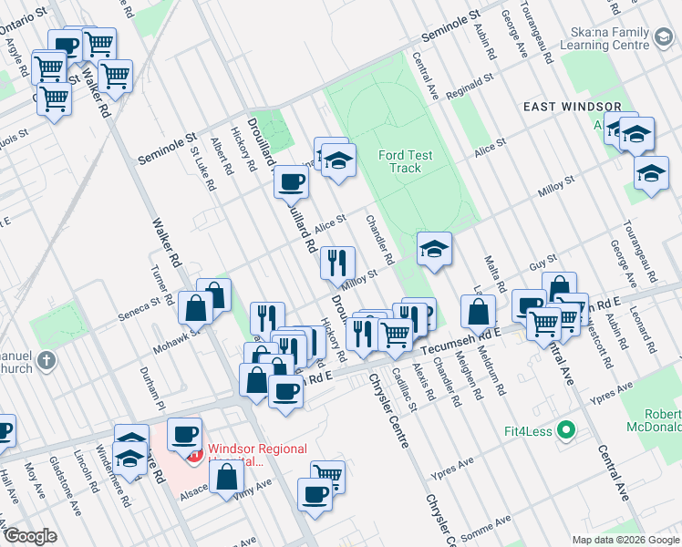 map of restaurants, bars, coffee shops, grocery stores, and more near 1794 Milloy Street in Windsor