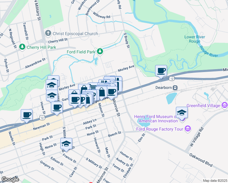 map of restaurants, bars, coffee shops, grocery stores, and more near 21950 Michigan Avenue in Dearborn