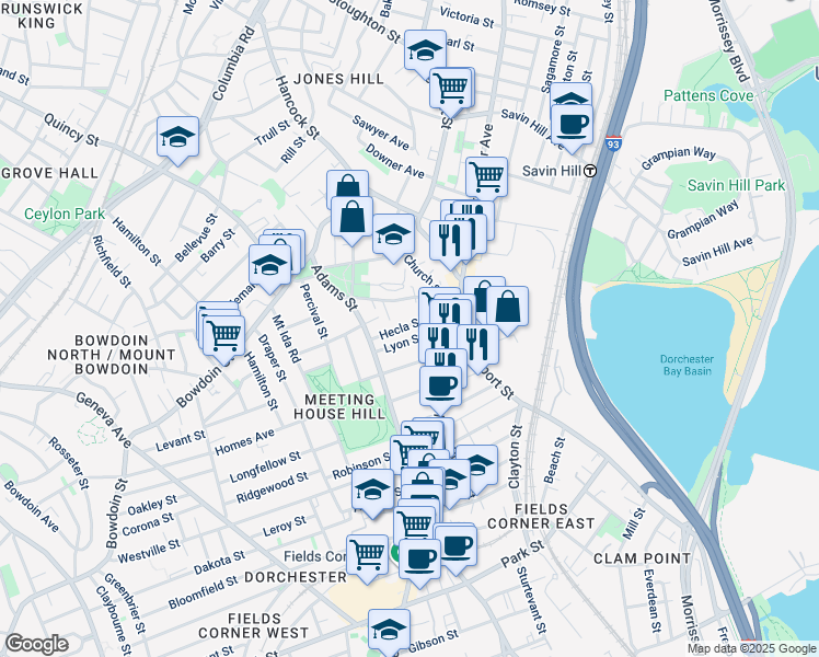 map of restaurants, bars, coffee shops, grocery stores, and more near 42 Lyon Street in Boston