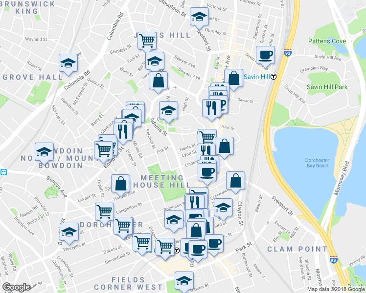 map of restaurants, bars, coffee shops, grocery stores, and more near 42 Lyon Street in Boston