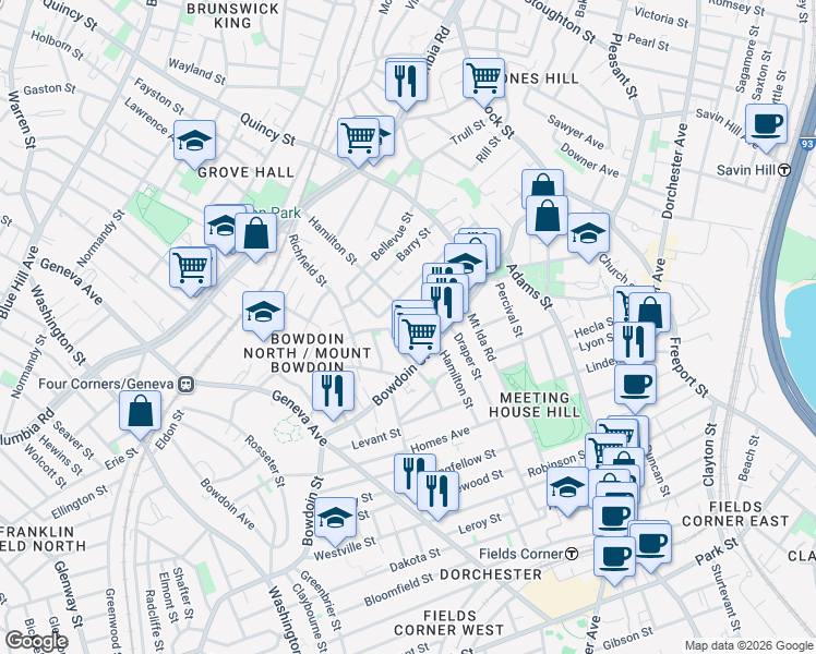 map of restaurants, bars, coffee shops, grocery stores, and more near in Boston
