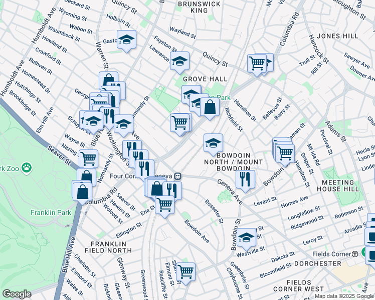 map of restaurants, bars, coffee shops, grocery stores, and more near 27 Vaughan Avenue in Boston