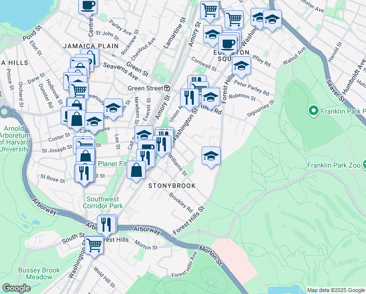 map of restaurants, bars, coffee shops, grocery stores, and more near 25 Gartland Street in Boston