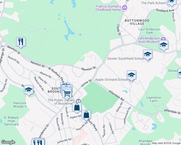 map of restaurants, bars, coffee shops, grocery stores, and more near in Brookline