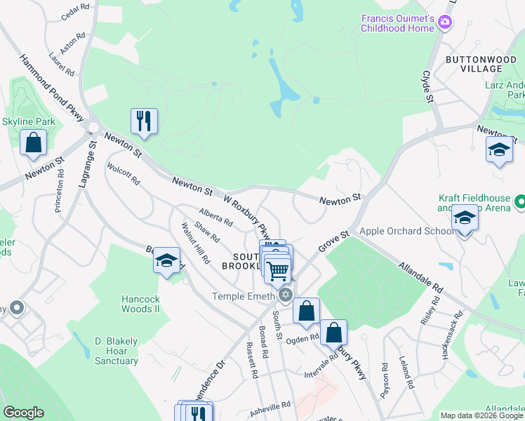 map of restaurants, bars, coffee shops, grocery stores, and more near 1075 West Roxbury Parkway in Brookline