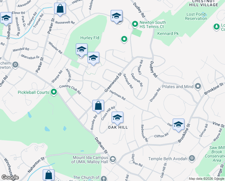 map of restaurants, bars, coffee shops, grocery stores, and more near 135 Rosalie Road in Newton
