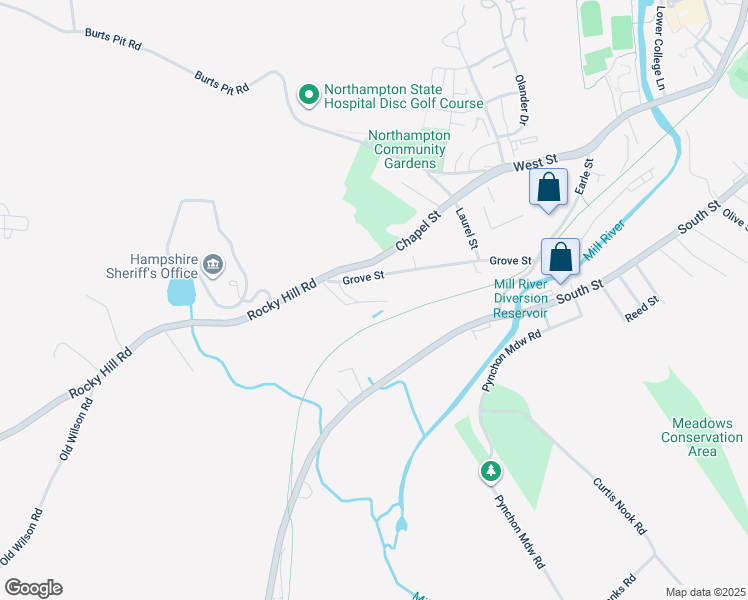 map of restaurants, bars, coffee shops, grocery stores, and more near 266 Grove Street in Northampton