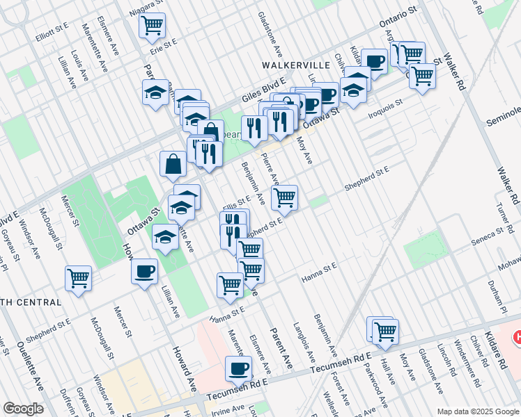 map of restaurants, bars, coffee shops, grocery stores, and more near 1066 Shepherd Street East in Windsor