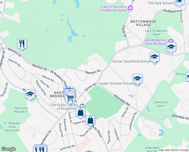 map of restaurants, bars, coffee shops, grocery stores, and more near in Brookline