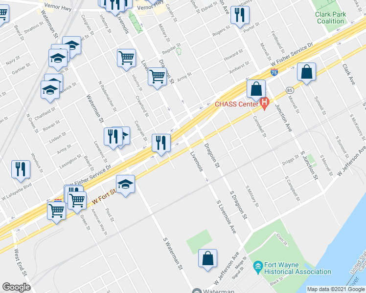map of restaurants, bars, coffee shops, grocery stores, and more near 6320 W Fort St in Detroit