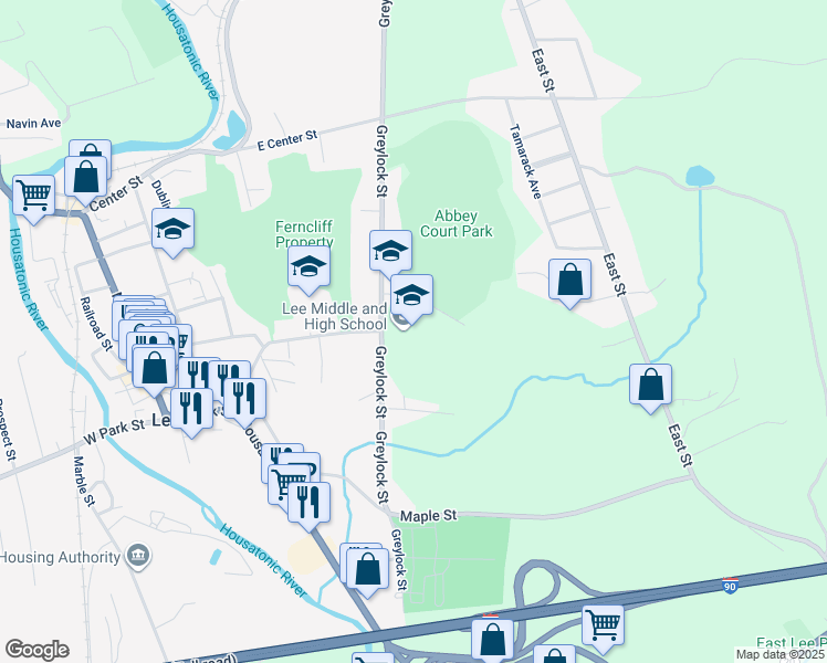 map of restaurants, bars, coffee shops, grocery stores, and more near 300 Greylock Street in Lee