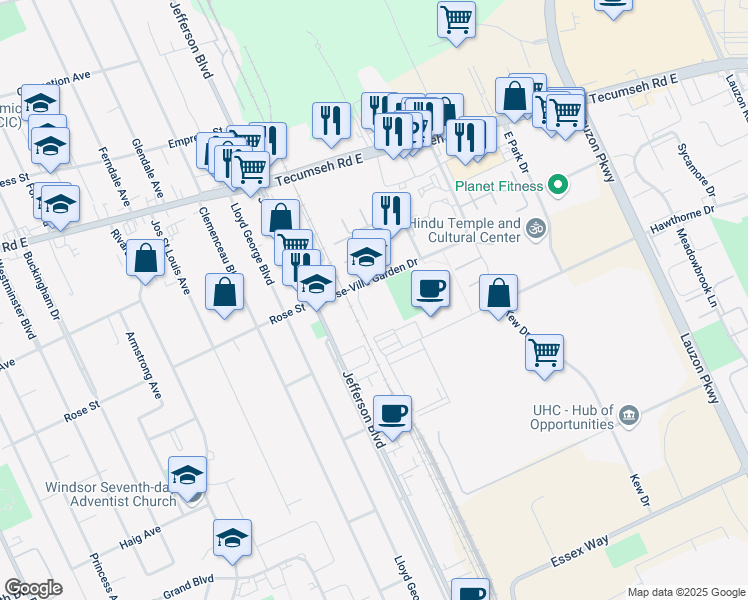 map of restaurants, bars, coffee shops, grocery stores, and more near 6265 Rose-Ville Garden Drive in Windsor