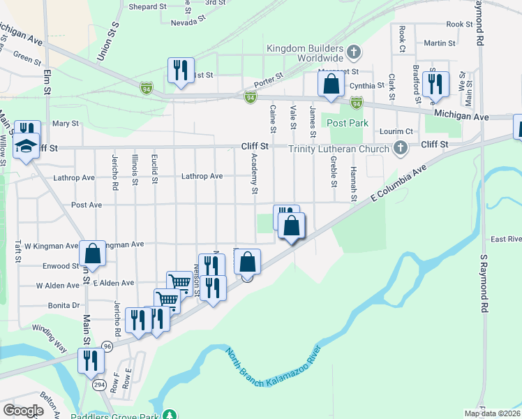 map of restaurants, bars, coffee shops, grocery stores, and more near 160 Academy Street in Battle Creek