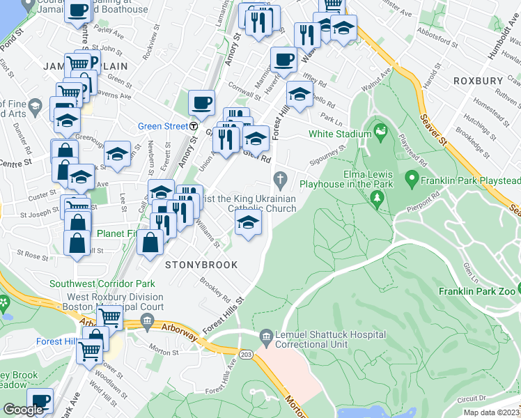 map of restaurants, bars, coffee shops, grocery stores, and more near Lourdes Avenue in Boston