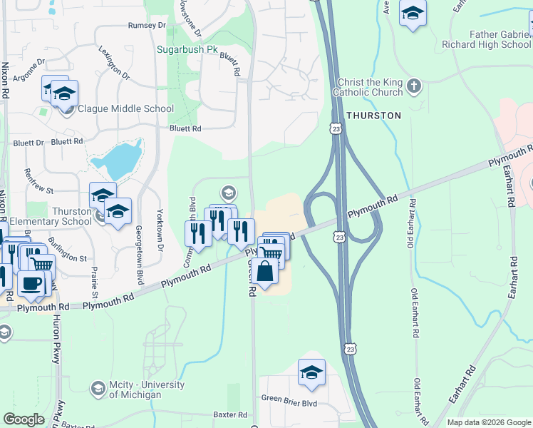 map of restaurants, bars, coffee shops, grocery stores, and more near 3535 Plymouth Road in Ann Arbor