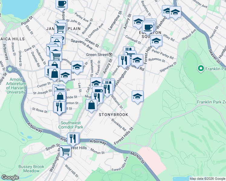 map of restaurants, bars, coffee shops, grocery stores, and more near 3502 Washington Street in Boston