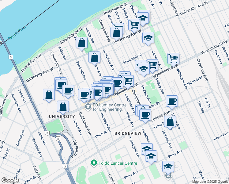 map of restaurants, bars, coffee shops, grocery stores, and more near in Windsor