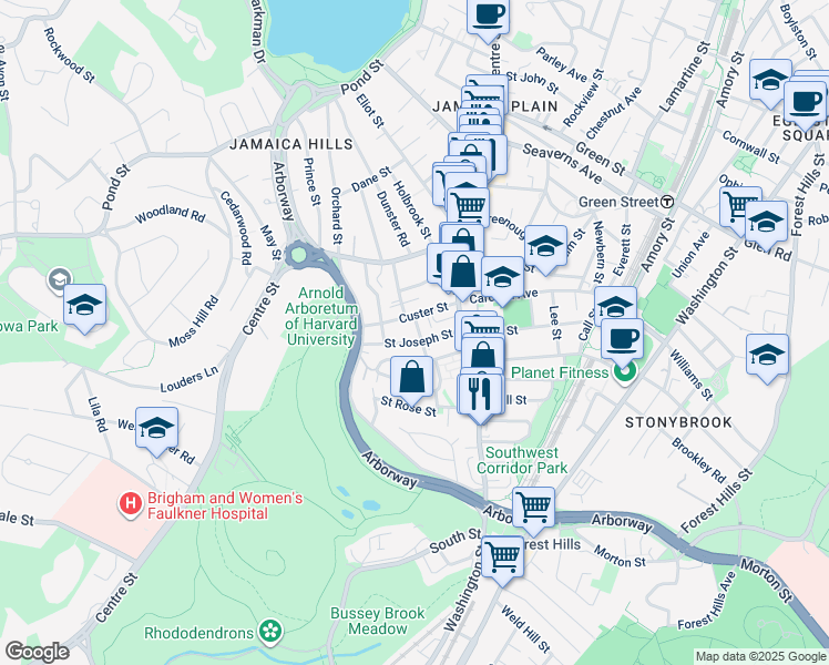 map of restaurants, bars, coffee shops, grocery stores, and more near 15 Woodman Street in Boston