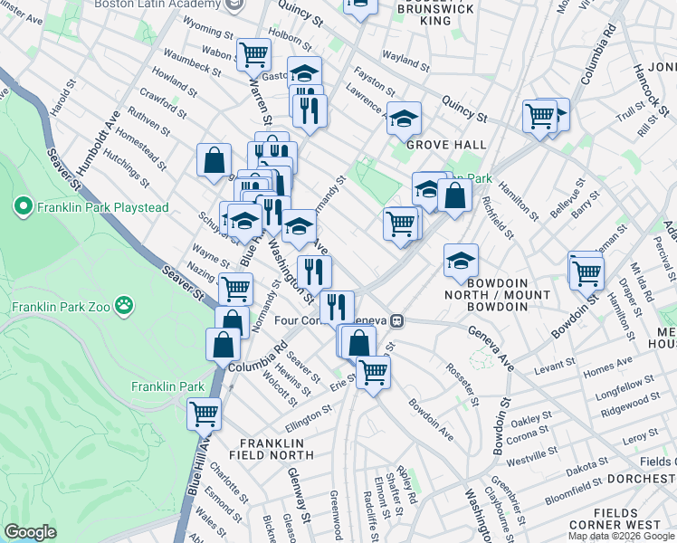 map of restaurants, bars, coffee shops, grocery stores, and more near 91 Geneva Avenue in Boston