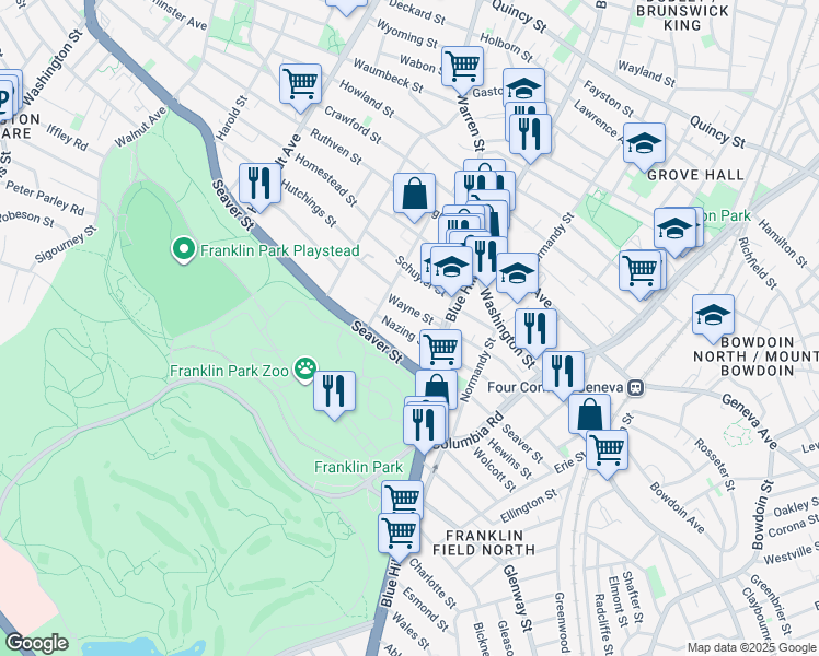 map of restaurants, bars, coffee shops, grocery stores, and more near 25 Nazing Street in Boston