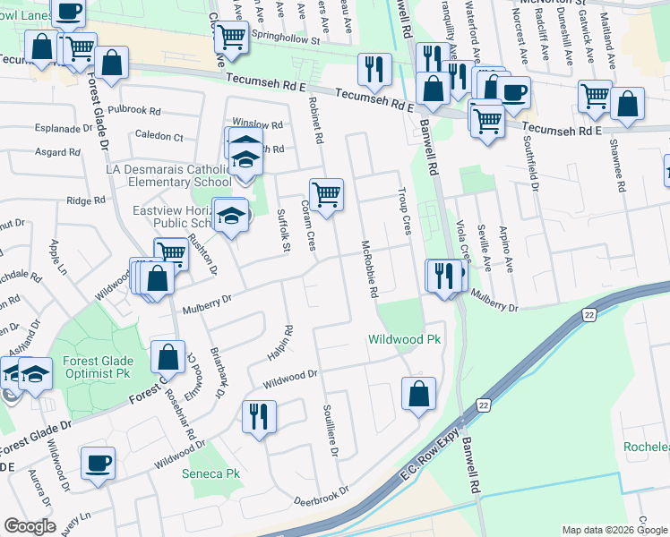 map of restaurants, bars, coffee shops, grocery stores, and more near 3121 Robinet Road in Windsor