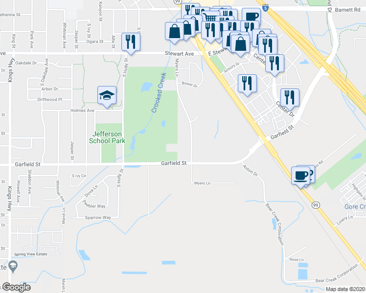 map of restaurants, bars, coffee shops, grocery stores, and more near 1574 Myers Lane in Medford