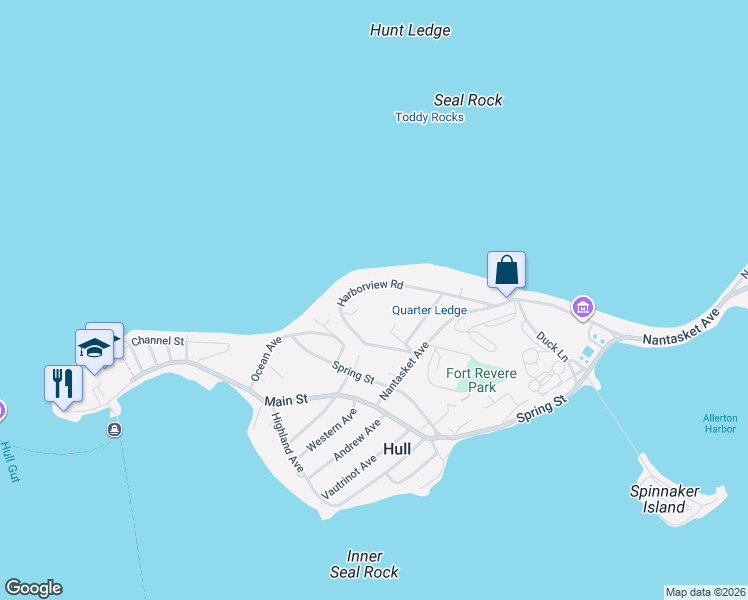 map of restaurants, bars, coffee shops, grocery stores, and more near 32 Harborview Road in Hull
