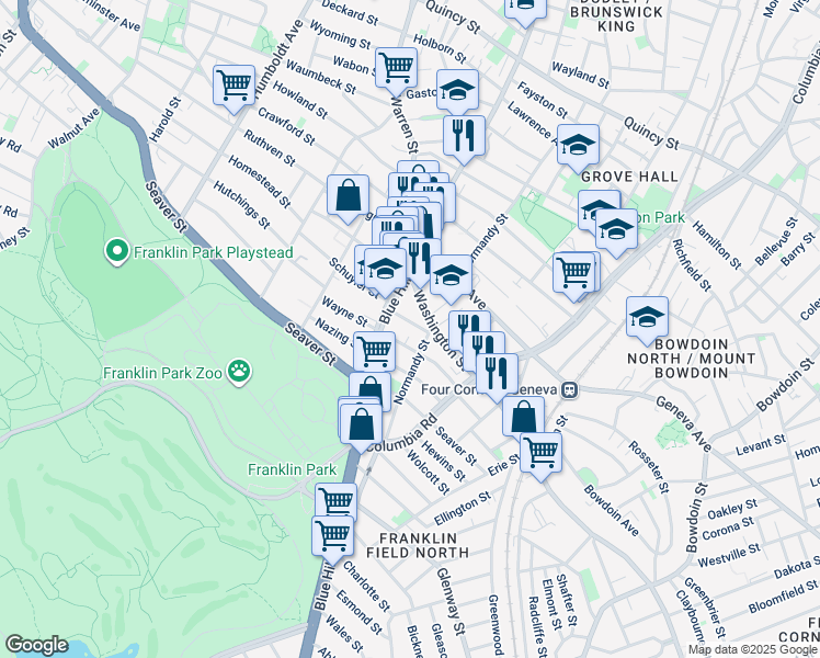 map of restaurants, bars, coffee shops, grocery stores, and more near 488 Blue Hill Avenue in Boston