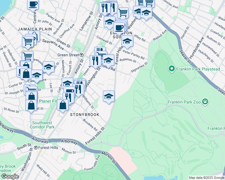 map of restaurants, bars, coffee shops, grocery stores, and more near 143 Forest Hills Street in Boston