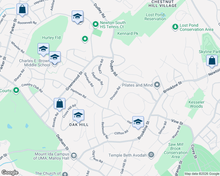 map of restaurants, bars, coffee shops, grocery stores, and more near 105 Cynthia Road in Newton