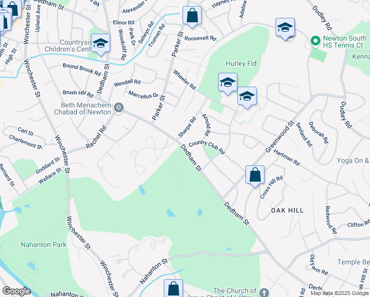 map of restaurants, bars, coffee shops, grocery stores, and more near 460 Dedham Street in Newton