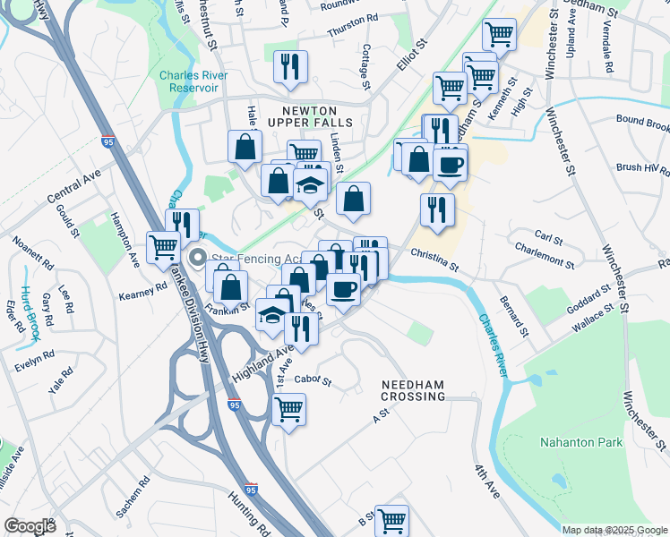 map of restaurants, bars, coffee shops, grocery stores, and more near 45 Butts Street in Newton