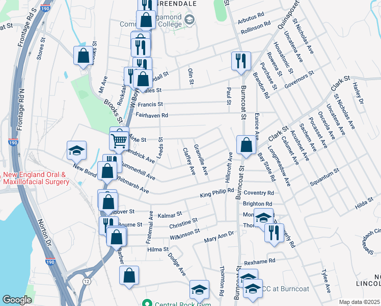 map of restaurants, bars, coffee shops, grocery stores, and more near 108 Airlie Street in Worcester