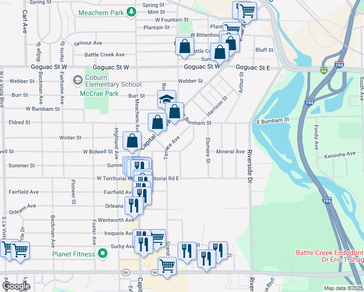 map of restaurants, bars, coffee shops, grocery stores, and more near 25 Terrace Avenue in Battle Creek