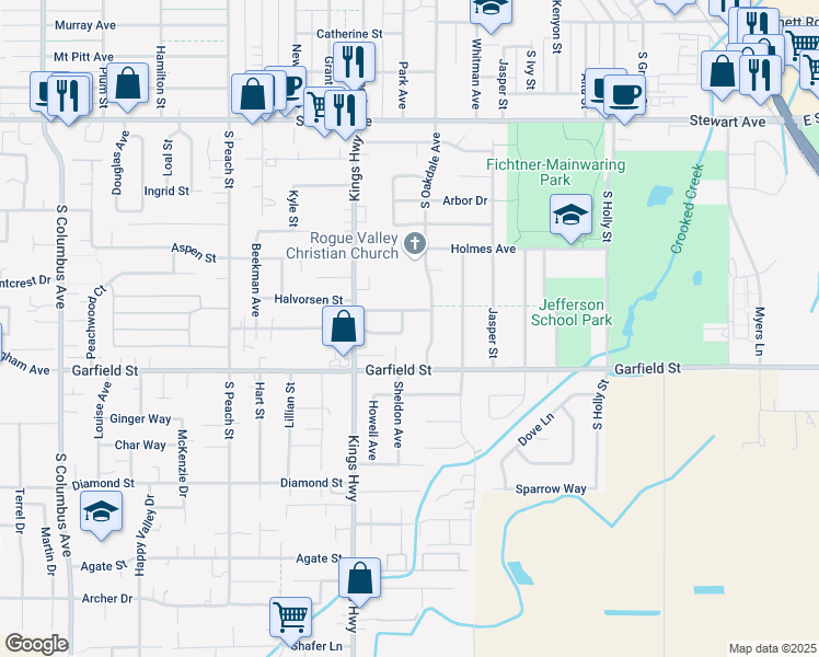 map of restaurants, bars, coffee shops, grocery stores, and more near 1521 Grey Oak Court in Medford