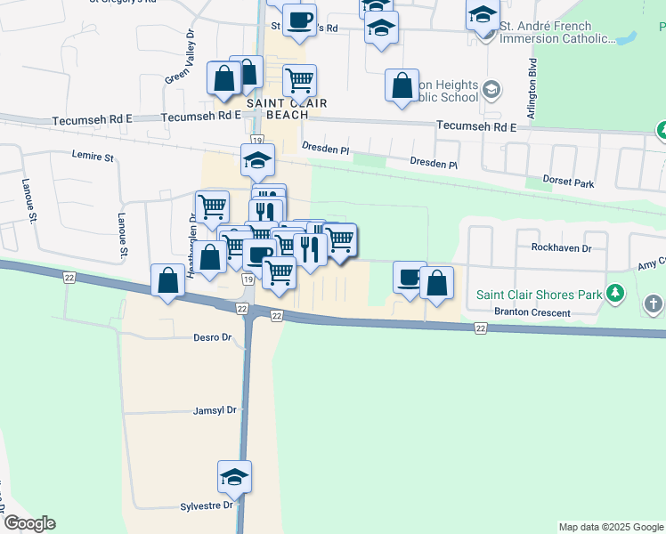 map of restaurants, bars, coffee shops, grocery stores, and more near 49 Amy Croft Drive in Windsor