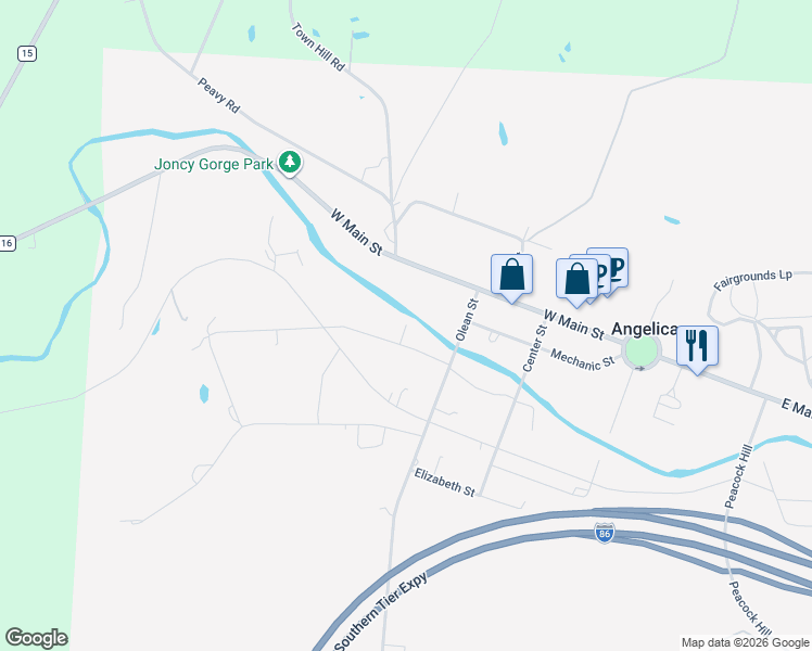 map of restaurants, bars, coffee shops, grocery stores, and more near 34 Brooklyn Street in Angelica