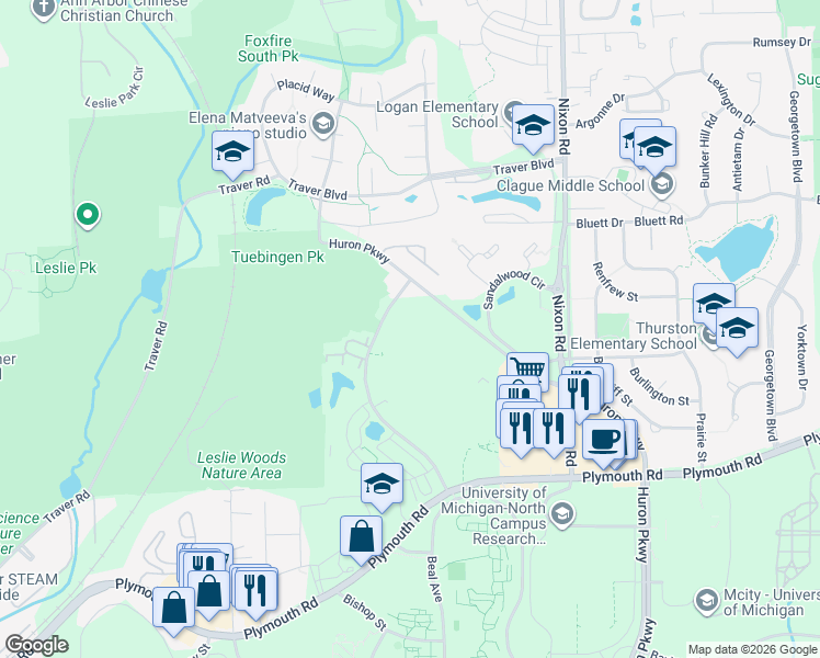 map of restaurants, bars, coffee shops, grocery stores, and more near 2300 Traverwood Drive in Ann Arbor